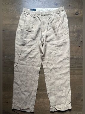Polo By Ralph Lauren 100% Linen Pants Cuffed Pockets Old Money Tan Size 38x32